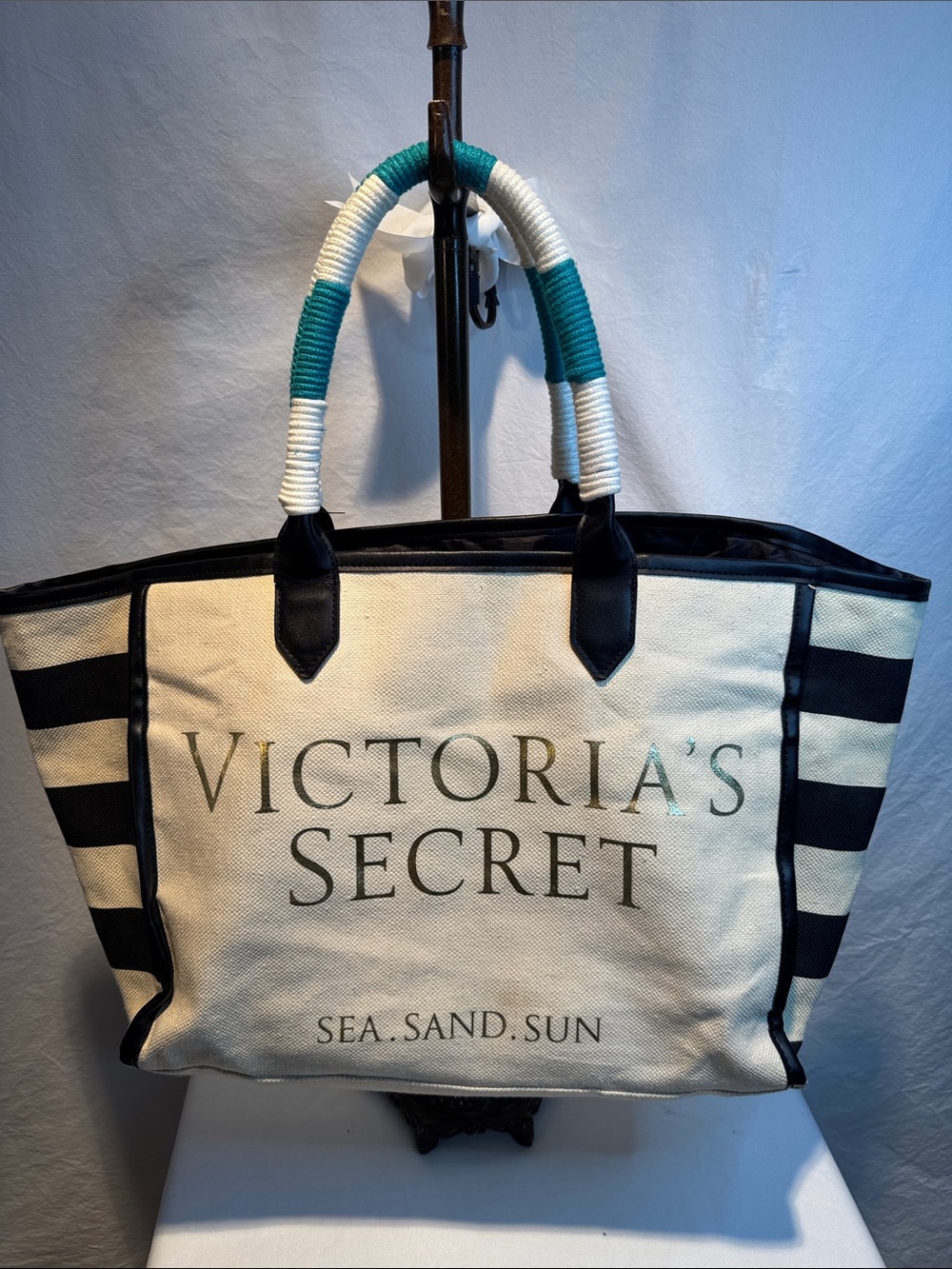Victoria's Secret Cream and Black Striped Canvas Tote - Sea.Sand.Sun